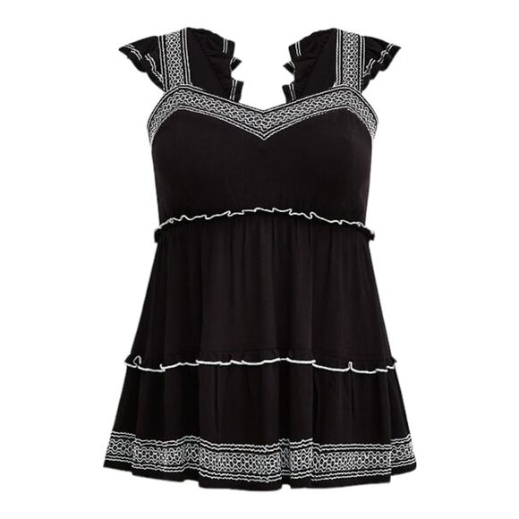 torrid Tops - Torrid NWT Babydoll Crinkle Gauze Embroidered Tiered Top Black White Size 3X
